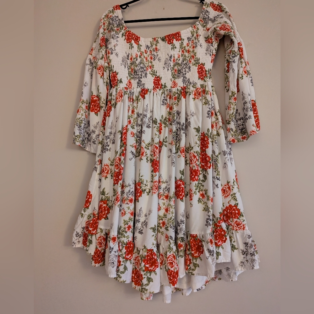 Torrid Mini Challis off-shoulder white floral bell sleeve smocked skater dress 1 - Picture 3 of 7